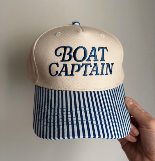 Boat Captain Trucker Hat – Blue Striped Nautical Snapback